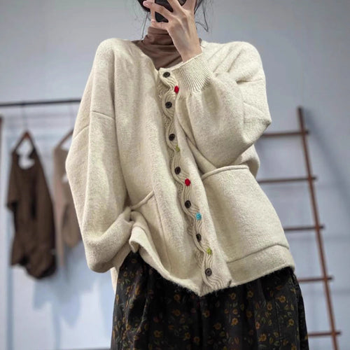 Damen Oversized Strickcardigan mit Zierknopfleiste und aufgesetzten Taschen Drune