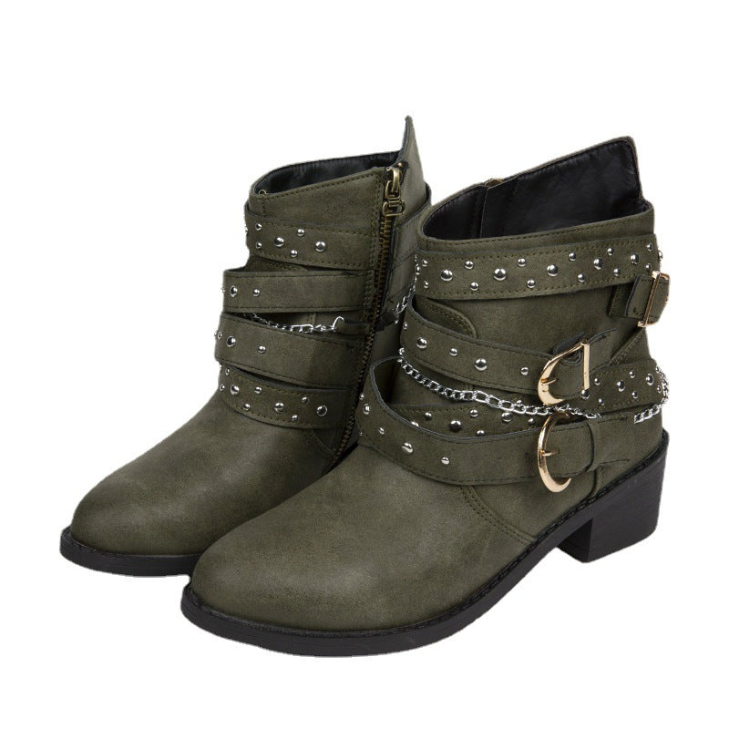 Damen Stiefeletten mit modischen Schnallen und dekorativen Nieten Drune
