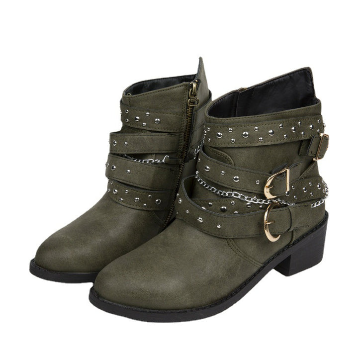 Damen Stiefeletten mit modischen Schnallen und dekorativen Nieten Drune