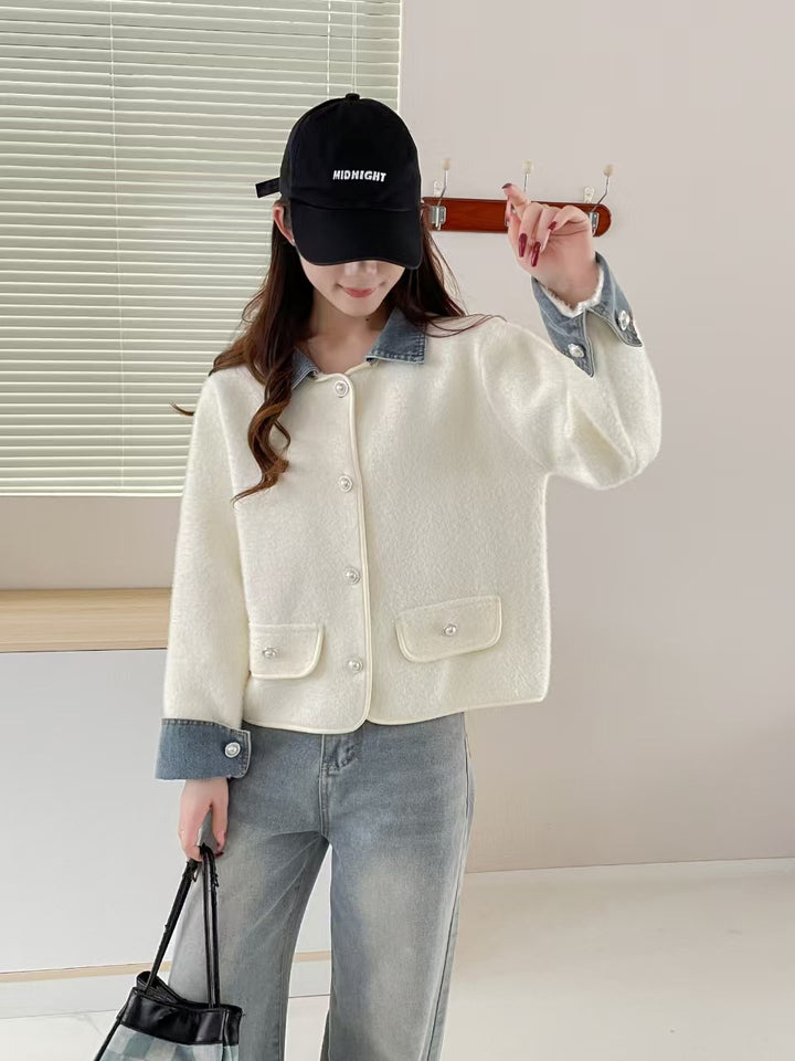 Damen gemütliche Strickjacke mit kontrastierenden Denim-Ärmeln Drune