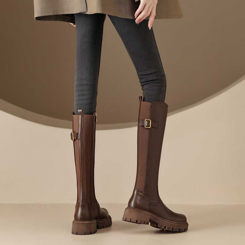 Damen lange Stiefel mit elegantem Schnallenakzent und rutschfester Sohle Drune
