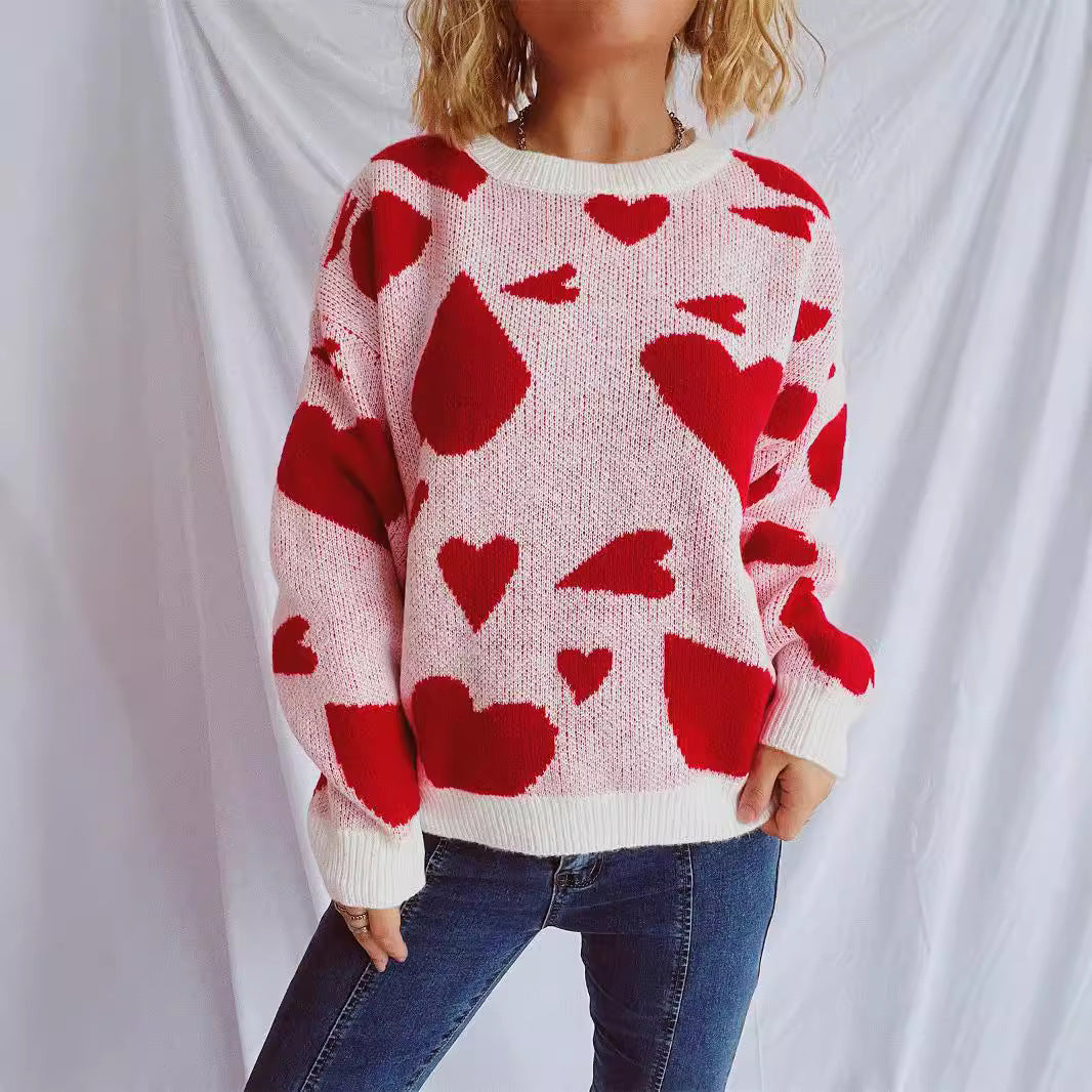 Damen lockerer Pullover mit Herzmuster und weitem Schnitt Drune