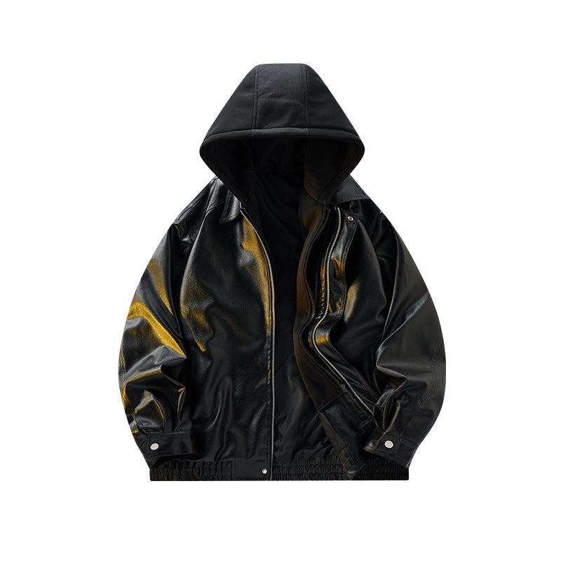 Herren Oversized Velourslederoptik Bomberjacke mit Kapuze und Doppelreißverschluss Drune