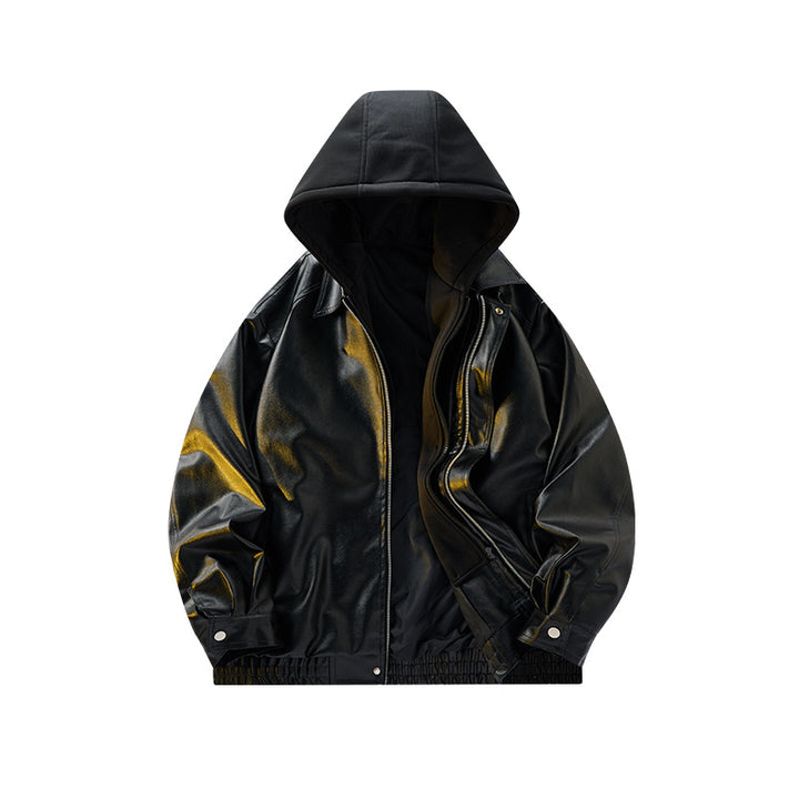 Herren Oversized Velourslederoptik Bomberjacke mit Kapuze und Doppelreißverschluss Drune