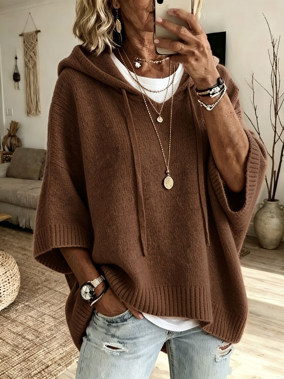 Damen Oversize Kapuzen‑Strickponcho mit halblangen Ärmeln und Blockstreifen Drune
