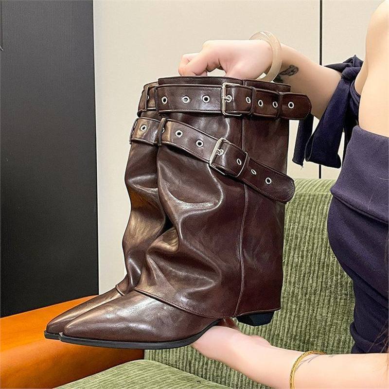 Damen Wadenhohe Wildleder-Slouch-Stiefel mit spitzer Zehenpartie und Zierschnallen Drune