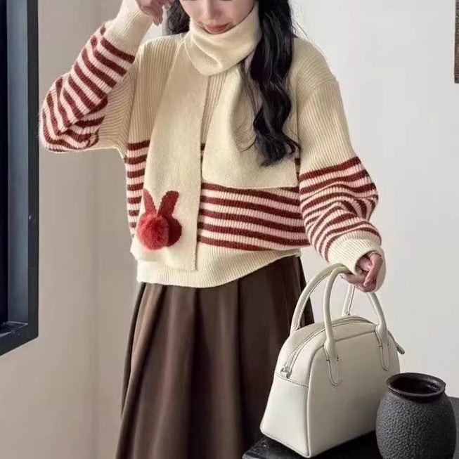 Damen gemütlicher Strickpullover mit hohem Kragen und auffälligen Streifen Drune