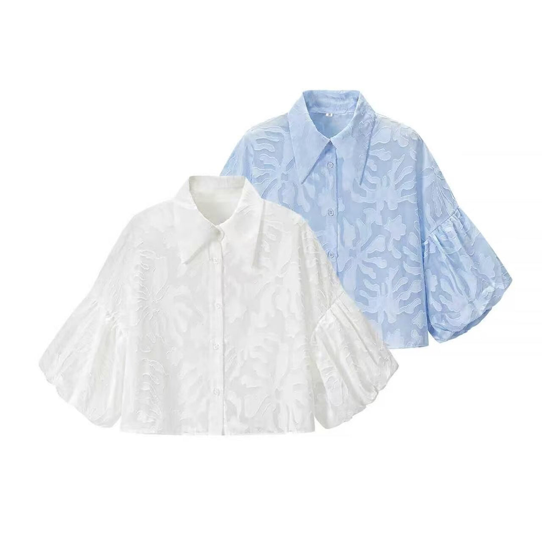 Damen Transparente Organza-Bluse mit weitem Schnitt, Volumenärmeln und Hemdkragen Drune