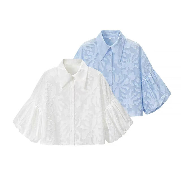 Damen Transparente Organza-Bluse mit weitem Schnitt, Volumenärmeln und Hemdkragen Drune