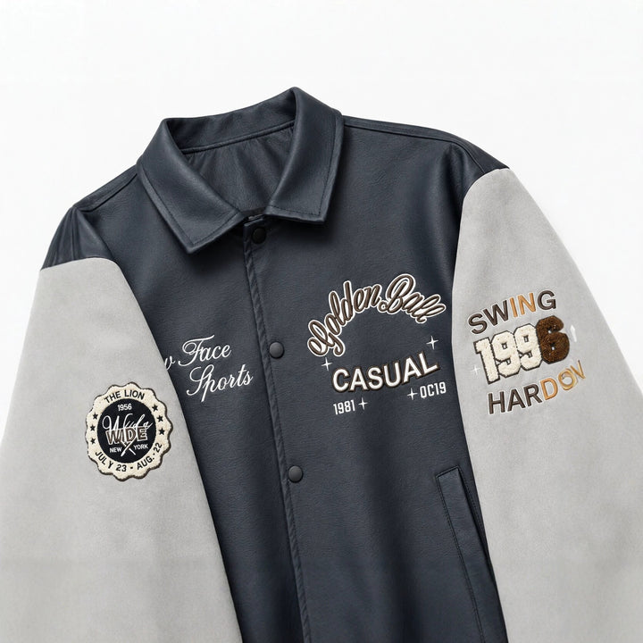 Herren Varsity-Lederoptik Collegejacke mit Kontrastärmeln, gestickten Patches und geripptem Saum Drune