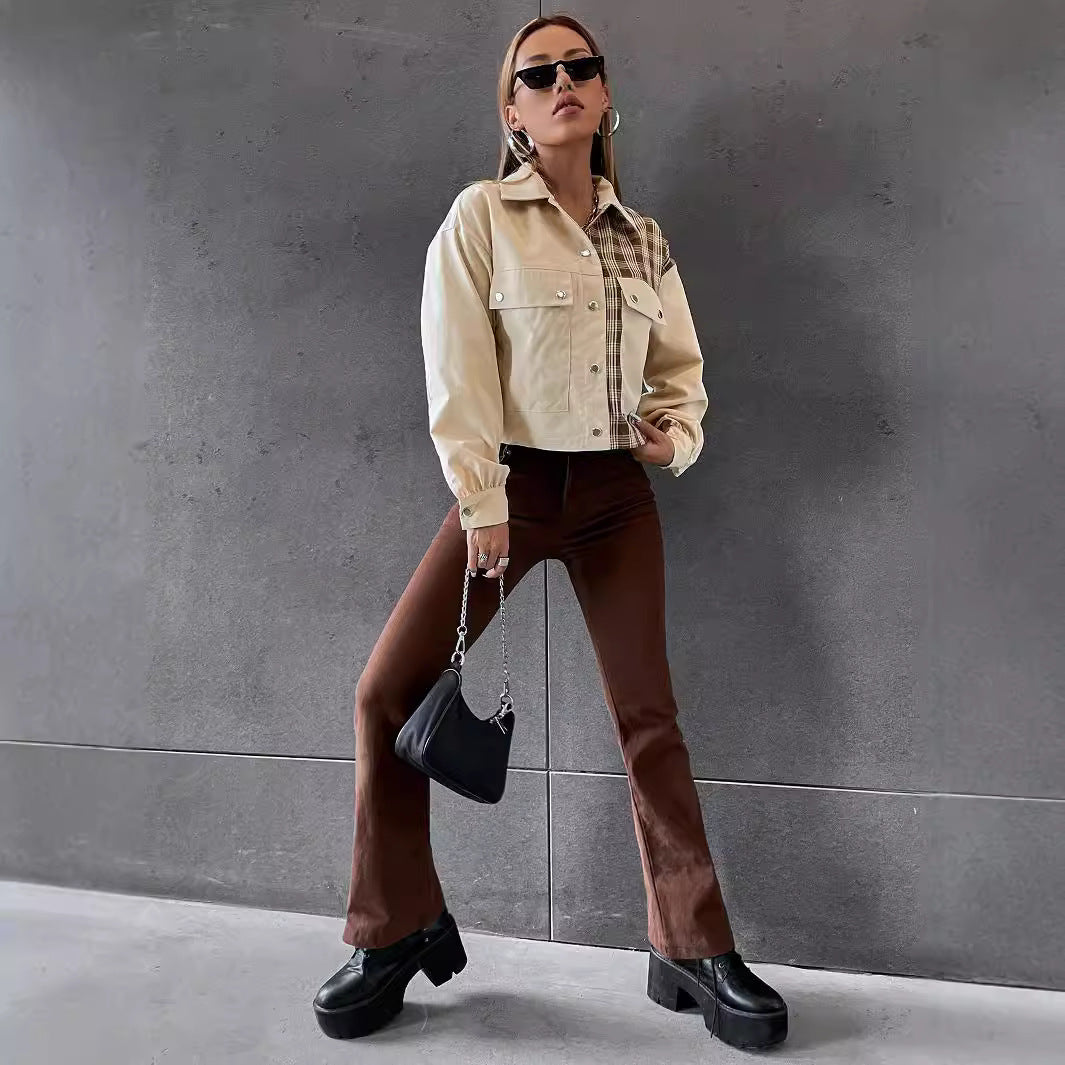 Damen Crop-Utility-Jacke mit karierten Ärmeln und klassischen Druckknöpfen Drune