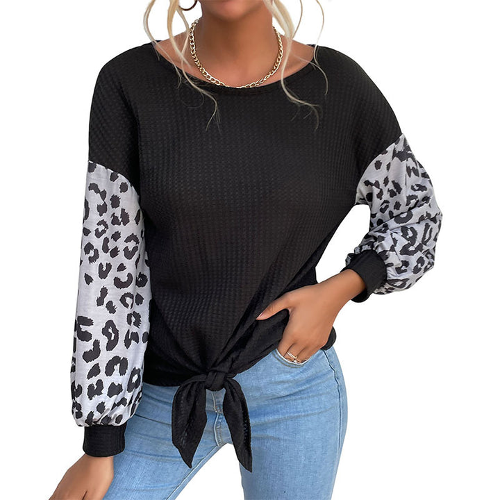 Damen Lässiges Shirt mit Waffelstruktur, Leoparden-Ärmeln und Knotenfront Drune