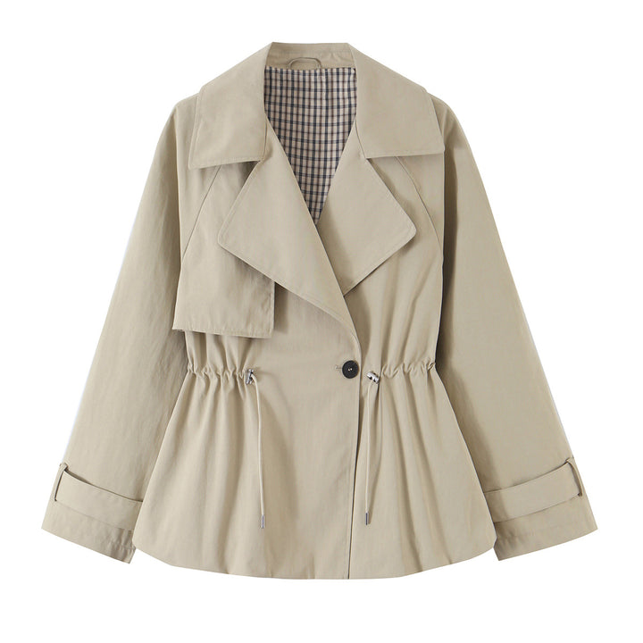 Damen Kurzer taillierter Trenchcoat mit Kordelzug und weitem Revers Drune