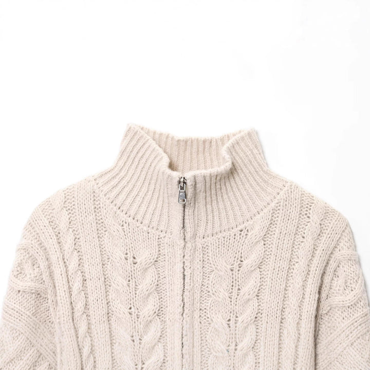 Damen Grobgestrickte Zopfstrick-Cardigan mit Stehkragen und Reißverschluss Drune