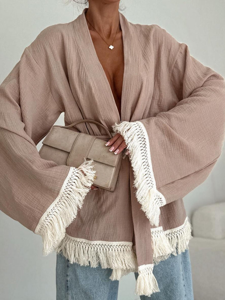 Damen Fransen-Kimono-Jacke aus Leinenoptik mit Taillengürtel Drune