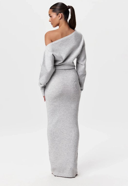 Damen One-Shoulder Maxi Strickkleid mit Übergroßen Ärmeln Drune