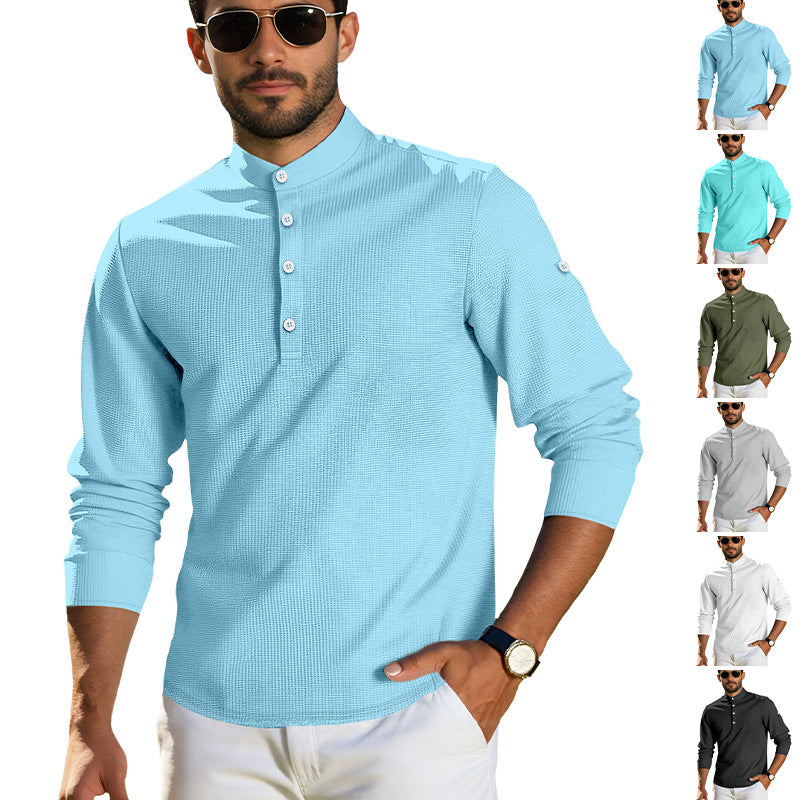 Herren nan strukturiertes Langarm-Henley mit Nehru-Kragen und Ton-in-Ton-Knopfleiste Drune