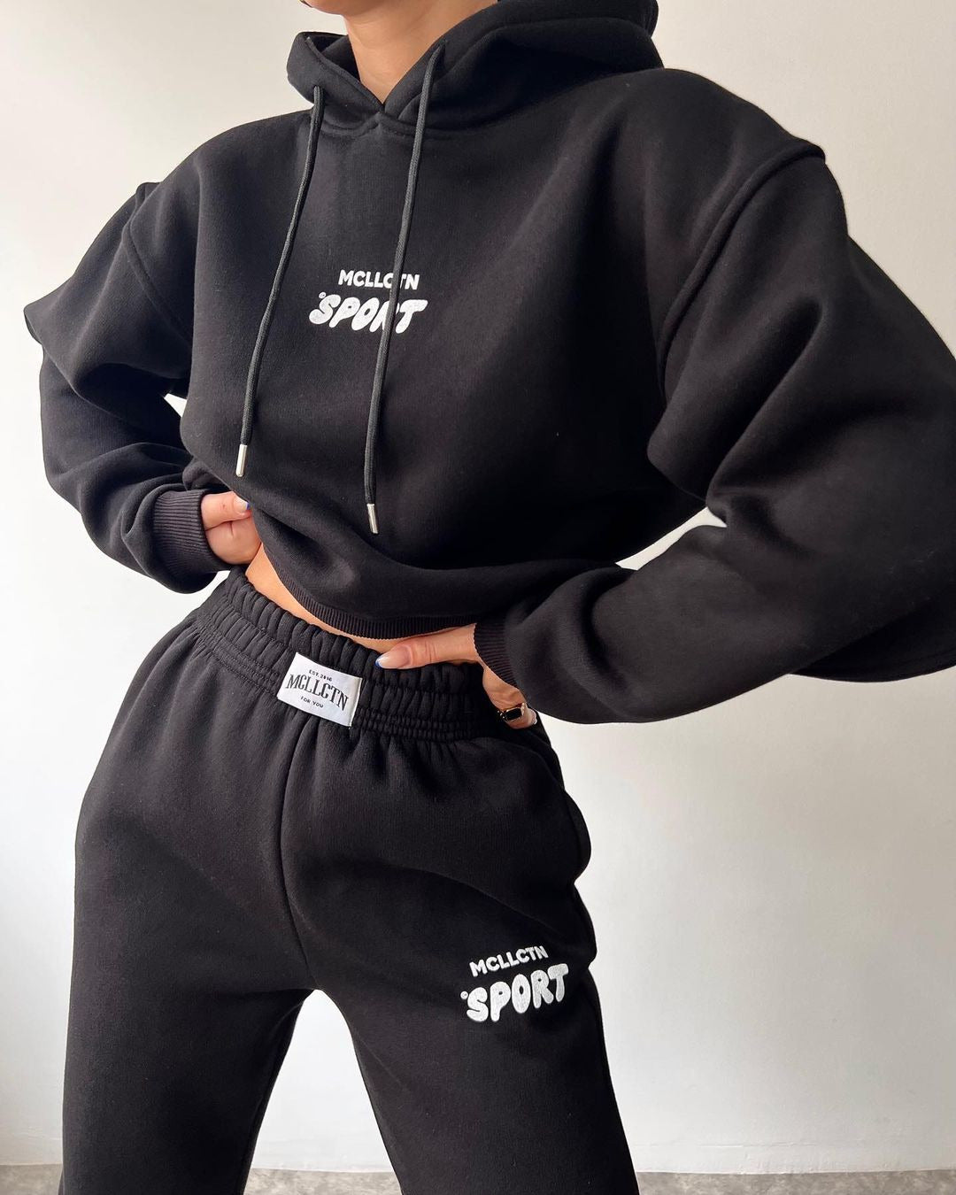 Damen Cropped Kapuzenpullover und High‑Waist Jogginghose Lounge‑Set aus Baumwollfleece Drune