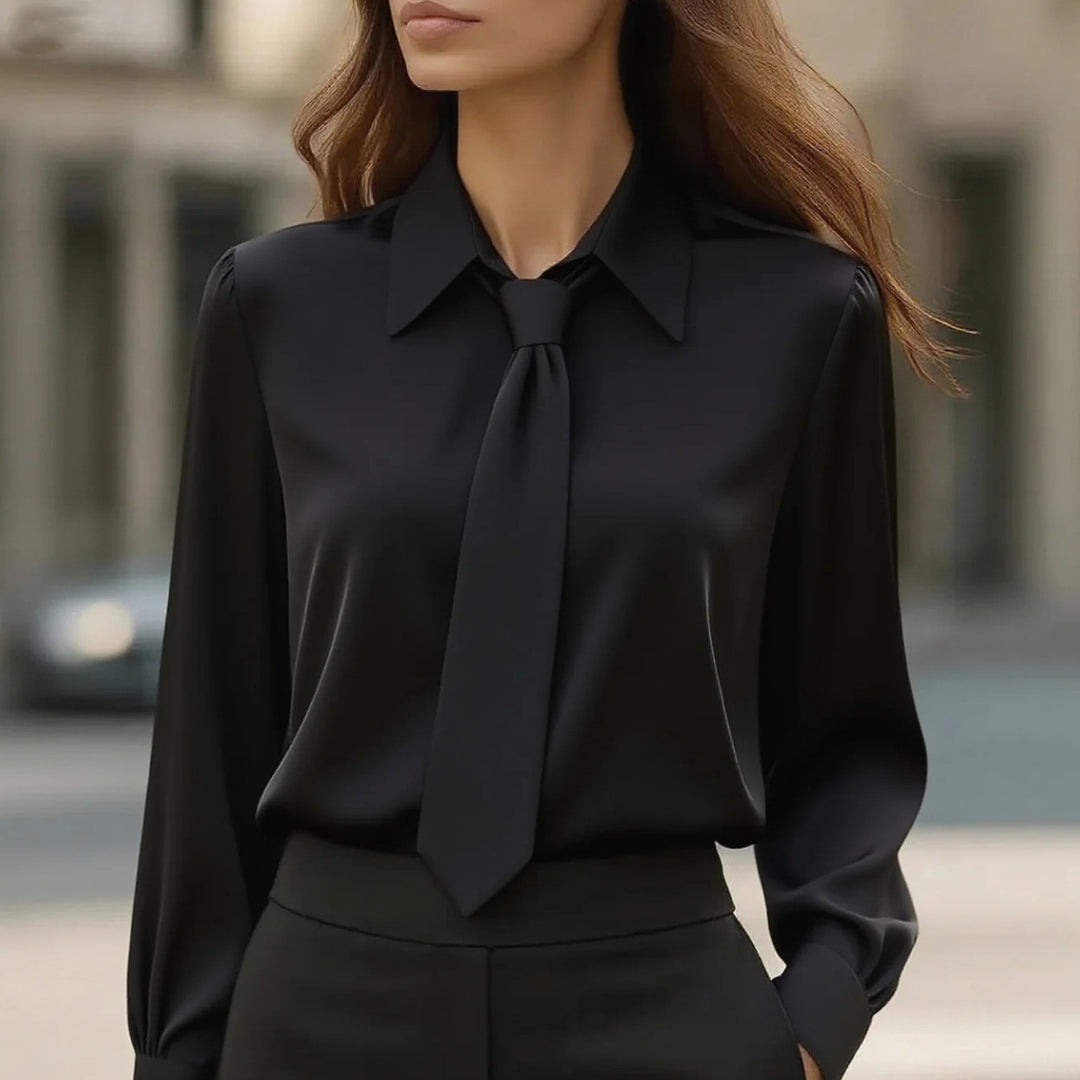 Damen Seidige Business Bluse mit Hemdkragen und integrierter Schleife Drune