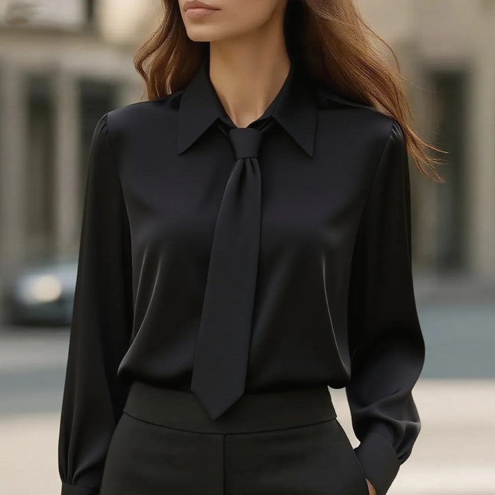 Damen Seidige Business Bluse mit Hemdkragen und integrierter Schleife Drune