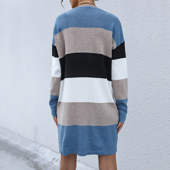 Damen Feinstrick-Minikleid mit Colorblock-Streifen, taillierter Silhouette und Rundhalsausschnitt Drune