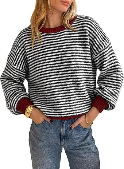 Damen Gestreifter Rippstrick-Pullover mit Kontrast-Bündchen Drune