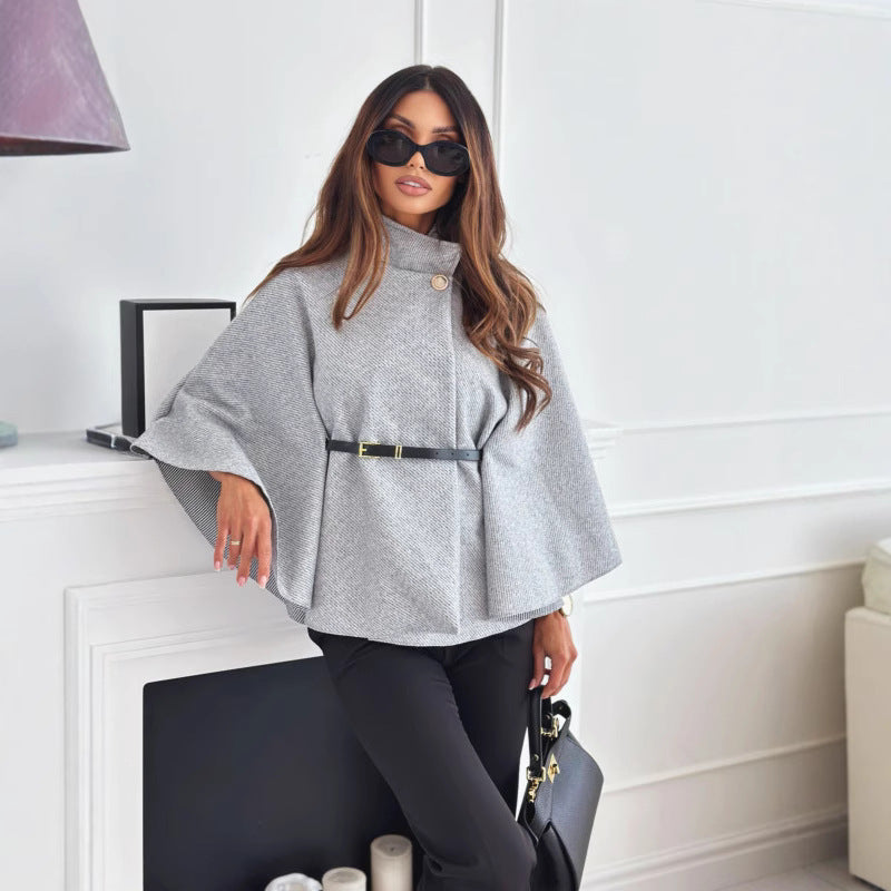 Damen elegante Poncho-Bluse mit Gürtel und modischem Revers Drune