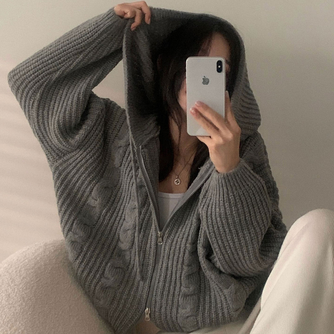 Damen Bequemer Strickjacke mit Kapuze und Reißverschluss Drune