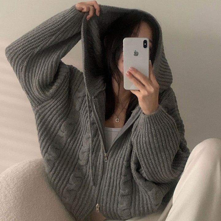 Damen Bequemer Strickjacke mit Kapuze und Reißverschluss Drune