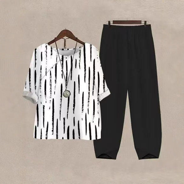 Damen nan weites Shirt mit Pinselstrichmuster, überschnittener Schulter und elastischer Komforthose mit Gummizug Drune