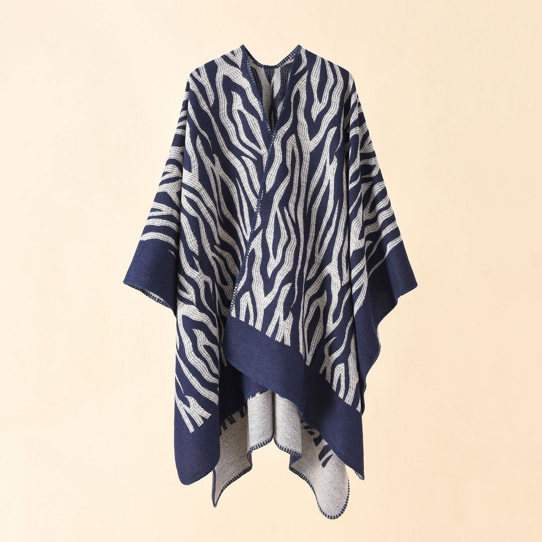 Damen Zebra‑Jacquard Poncho‑Cape im Oversize‑Kimono‑Fall aus weichem Feinstrick Drune