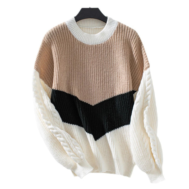 Damen Strickpullover mit modernen Farbblocklinien und Zopfmuster Drune