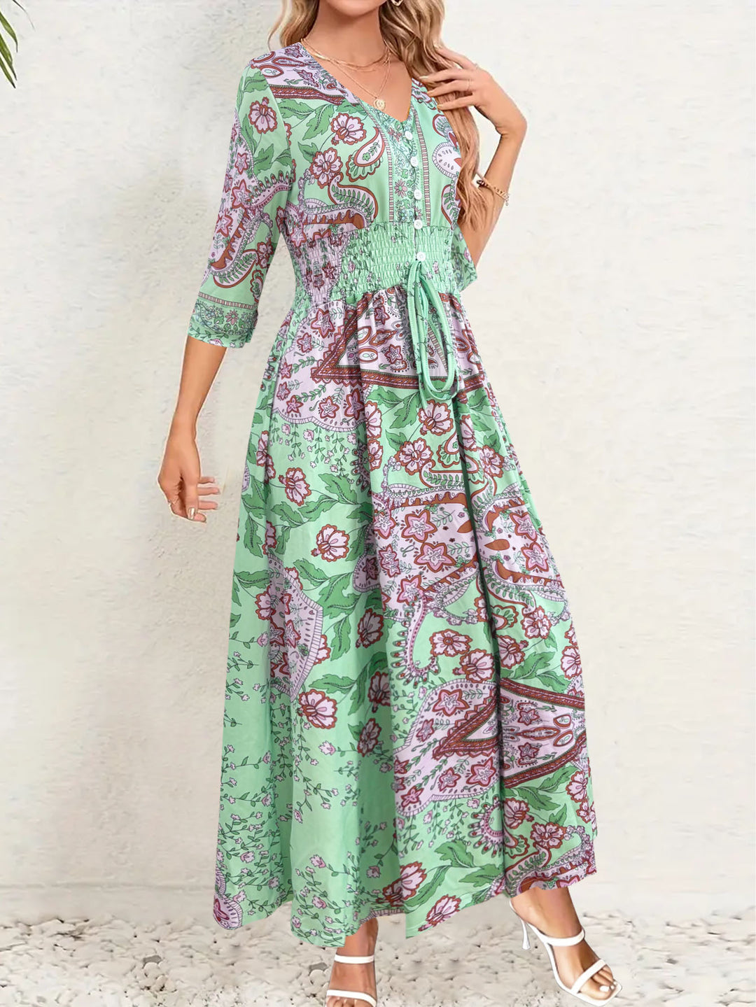 Damen Maxikleid mit Paisley‑Print, V‑Ausschnitt, Smok‑Taillenband und 3/4‑Ärmeln Drune