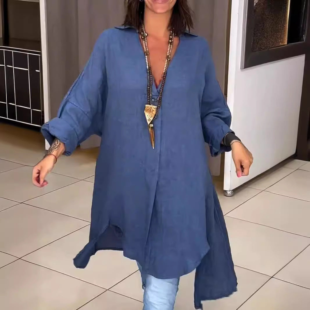Damen Lässige Leinenbluse mit durchgehender Knopfleiste und umschlagbaren Ärmeln Drune