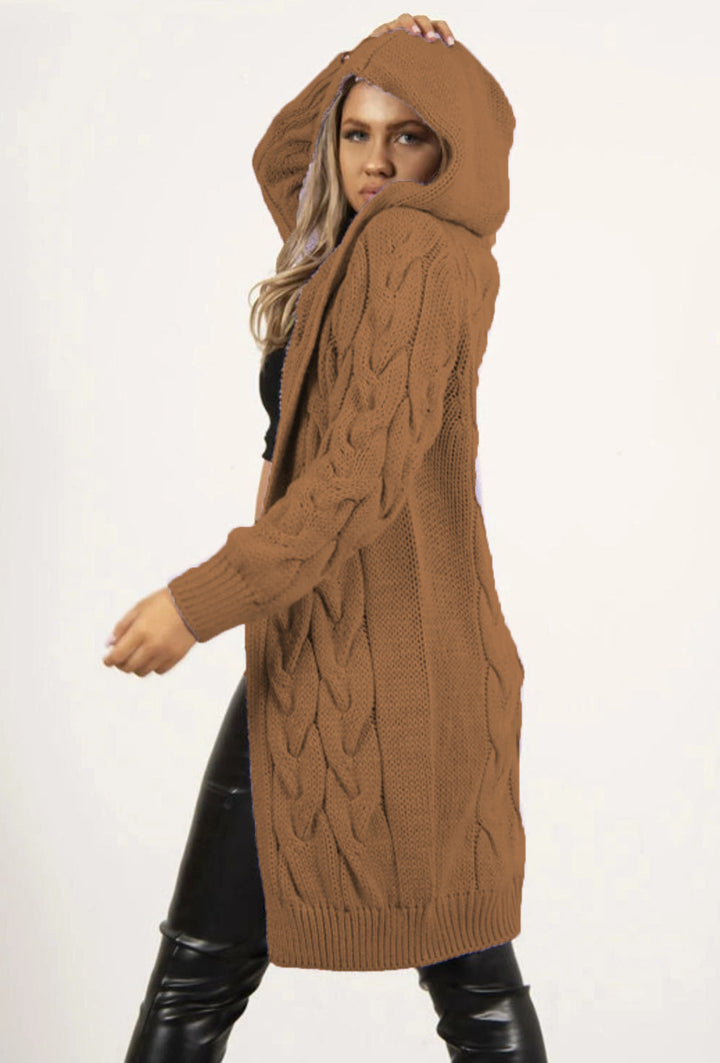 Damen Strickmantel mit Kapuze und Zopfmuster Drune