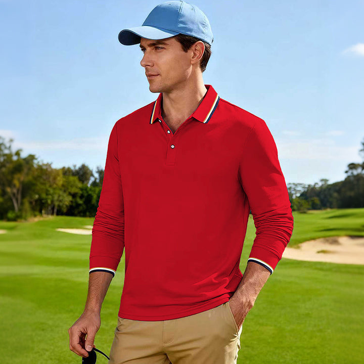 Herren Golf-Performance-Poloshirt langärmlig atmungsaktiv mit Kontrastkragen Drune