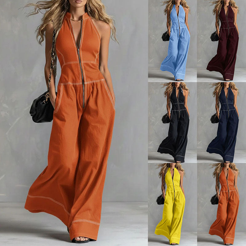 Damen Ärmelloser Halter-Jumpsuit mit Reißverschluss, weitem Bein und Eingrifftaschen Drune