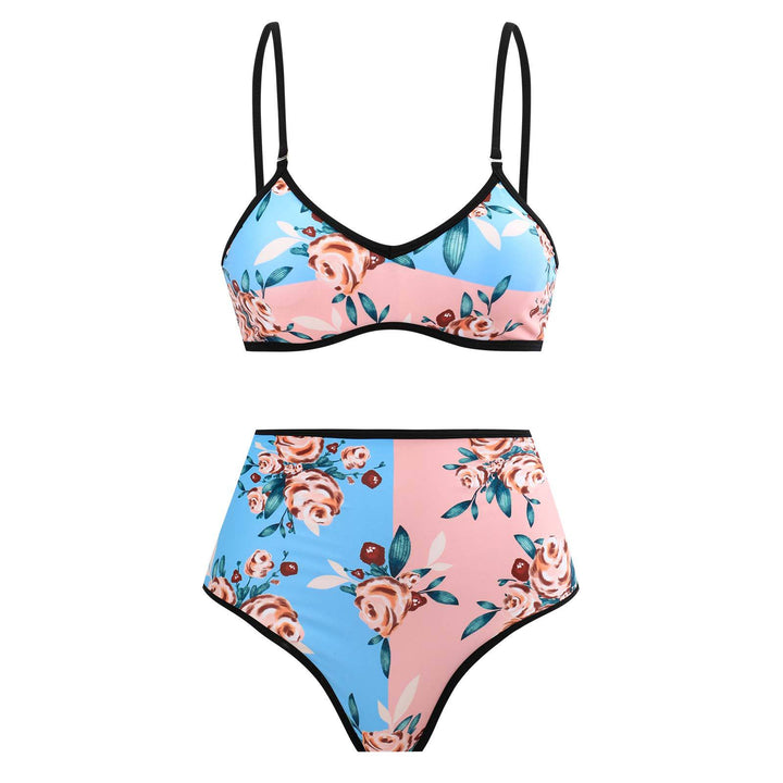 Damen Hochgeschnittener Bikini mit floralem Muster und kontrastierendem Detail Drune