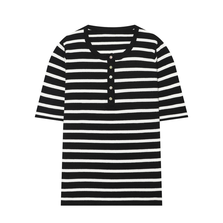 Damen Feinstrick‑Henley mit Knopfleiste und kurzem Ärmel Drune