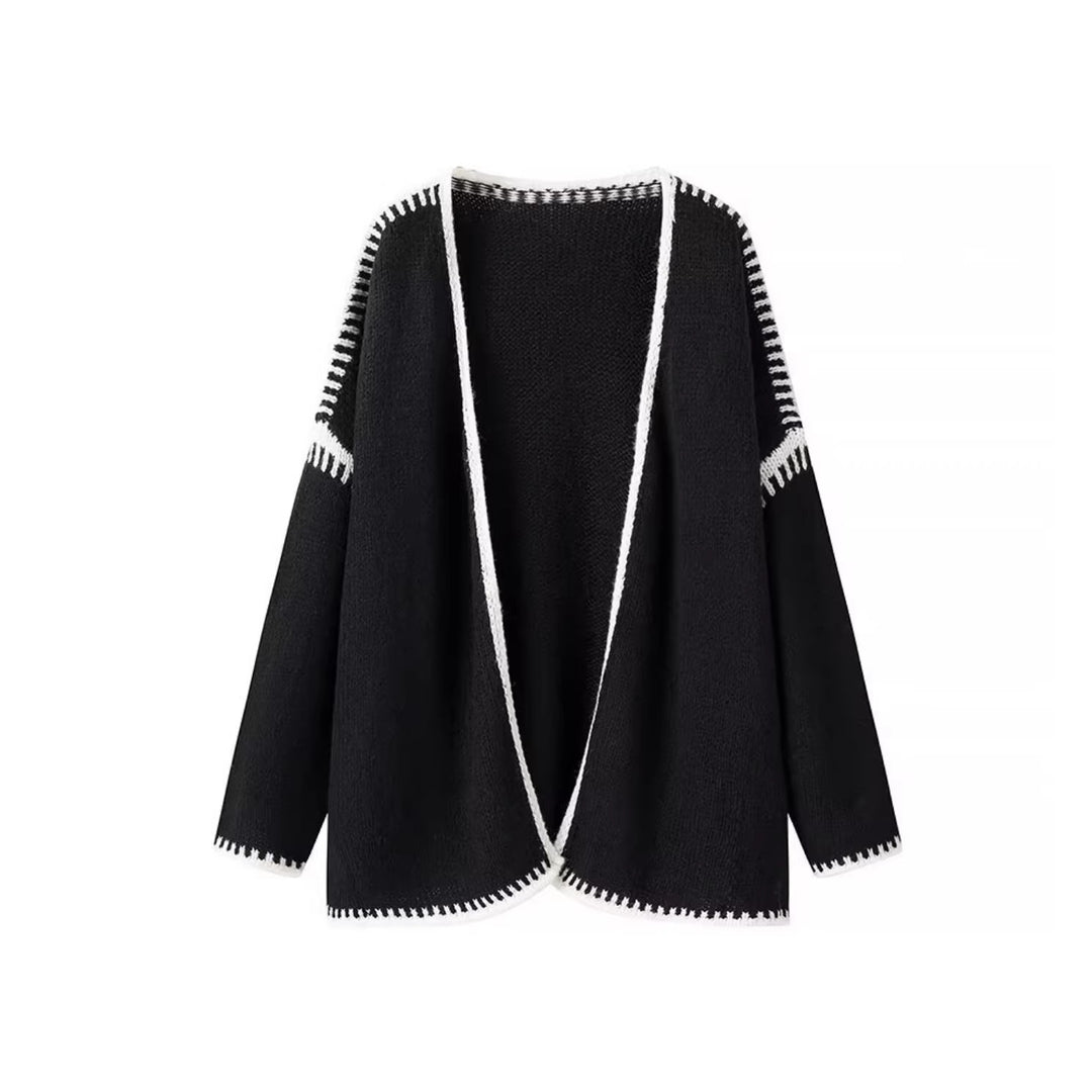 Damen Offene Strickjacke mit eleganten Kontrastnähten Drune