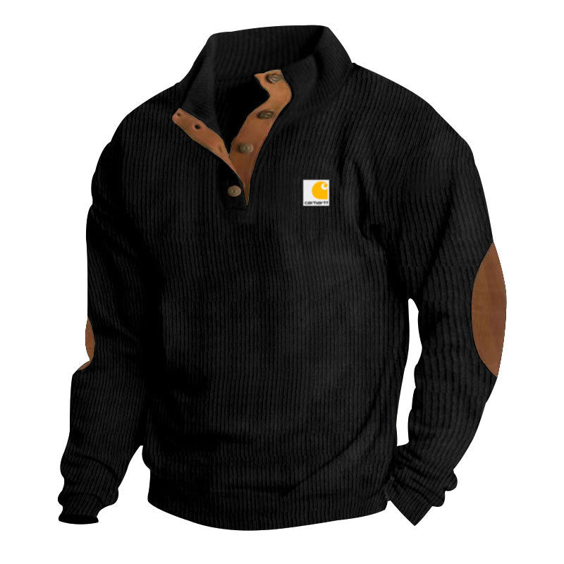 Herren nan Strickpullover im Troyer-Stil mit Stehkragen Lederbesatz Druckknopfleiste und Ellbogen-Patches Drune