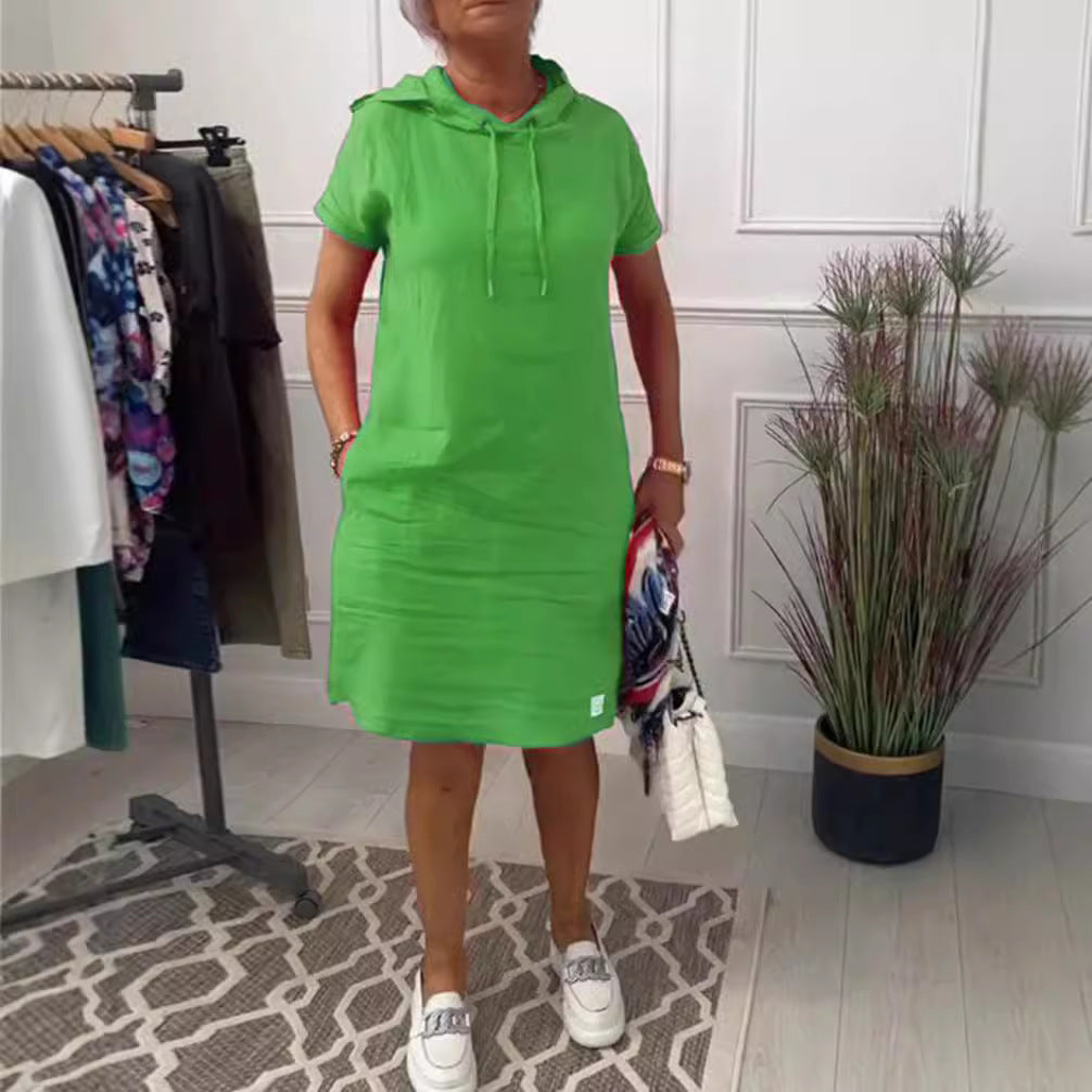 Damen nan legeres Kapuzenkleid mit kurzem Ärmel, geradem Schnitt und Kordelzug Drune