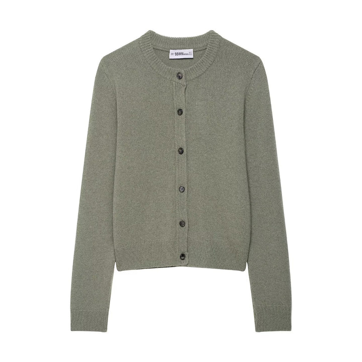 Damen Kurzgeschnittener Feinstrick-Cardigan mit Rundhalsausschnitt und Rippbündchen Drune