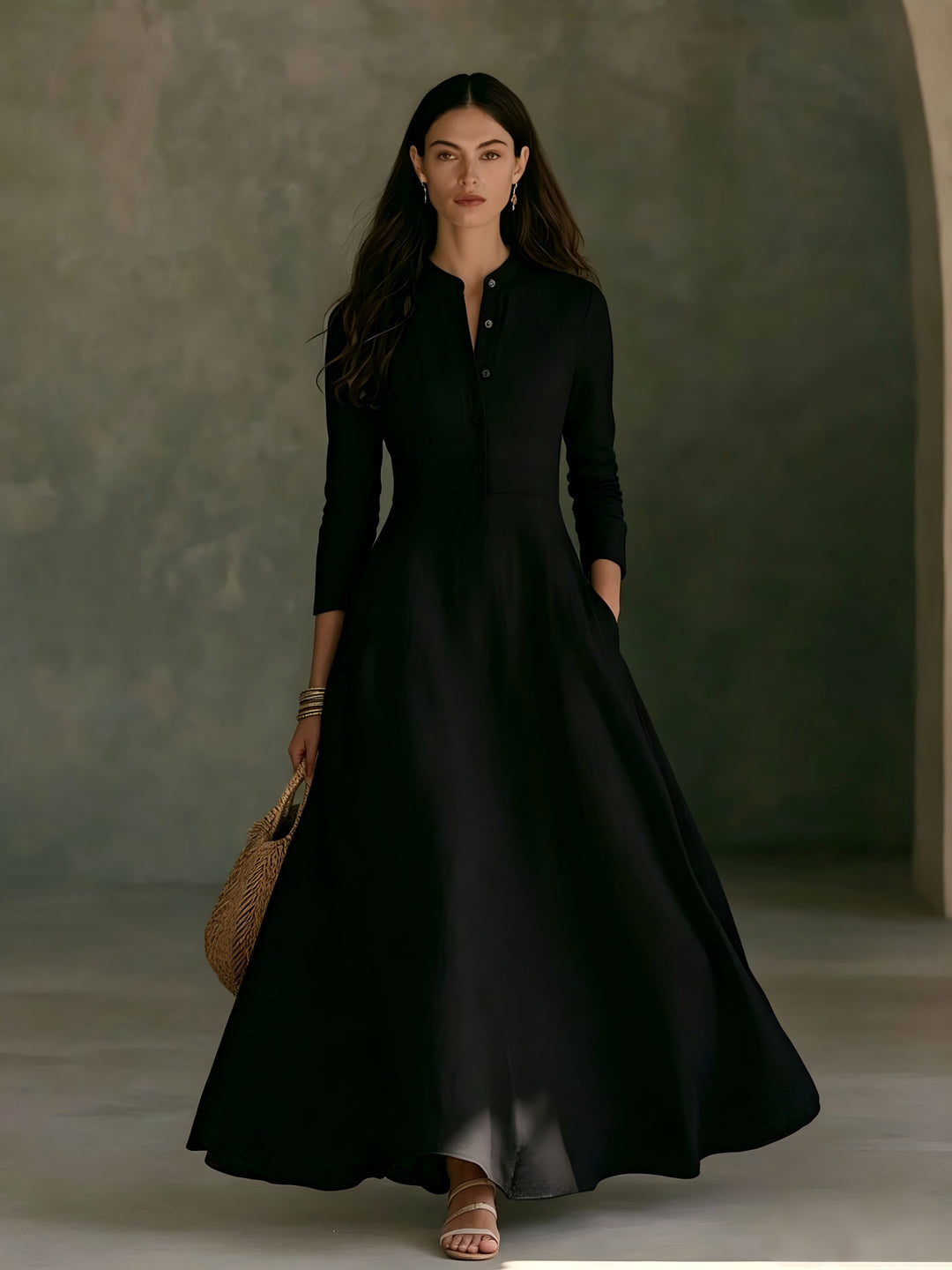 Damen Elegantes Langarm Maxikleid Drune