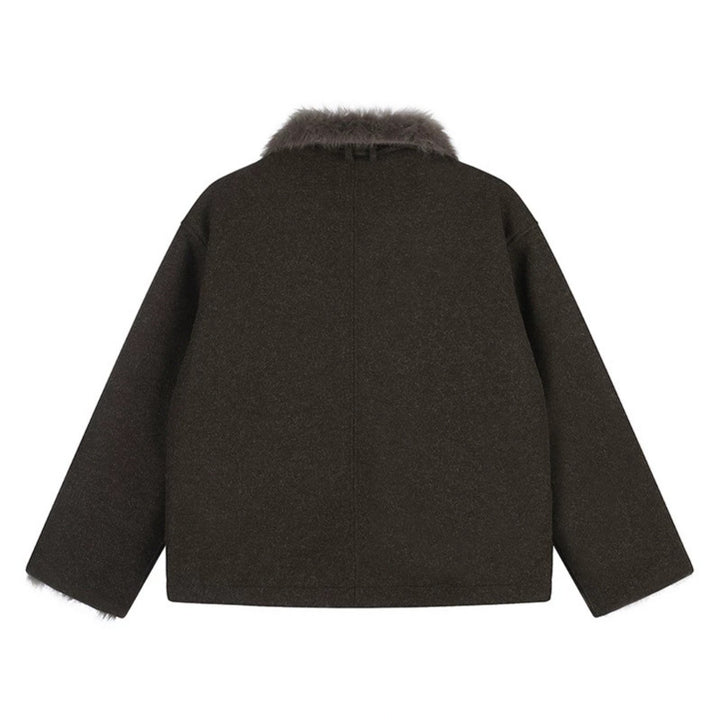 Damen Kurz geschnittene Wolljacke mit Kunstfellbesatz und asymmetrischer Knopfleiste Drune