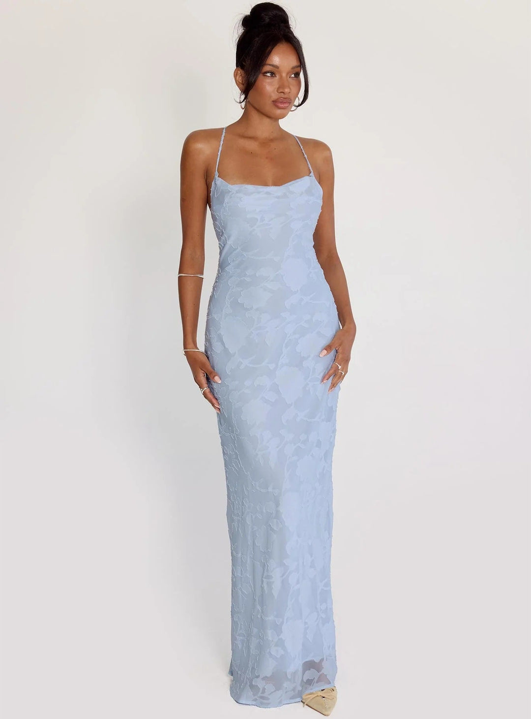 Damen Elegantes Abendkleid mit floralem Spitzenmuster und Spaghettiträgern Drune