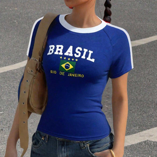 Damen T-Shirt mit kreativem Brasilien-Design und körperbetontem Schnitt Drune