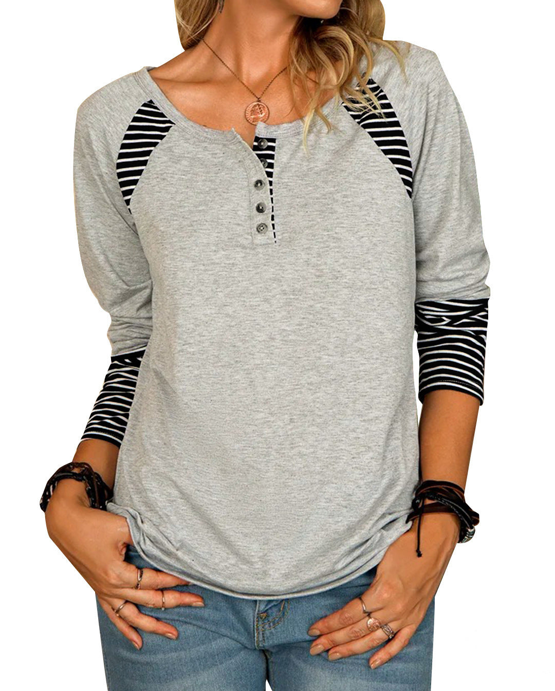 Damen Lässiges Raglan-Henley-Shirt mit Knopfleiste und gestreiften Ärmelbündchen Drune