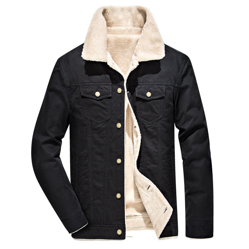 Herren Canvas-Truckerjacke mit durchgehendem Sherpa-Innenfutter und Umlegekragen Drune