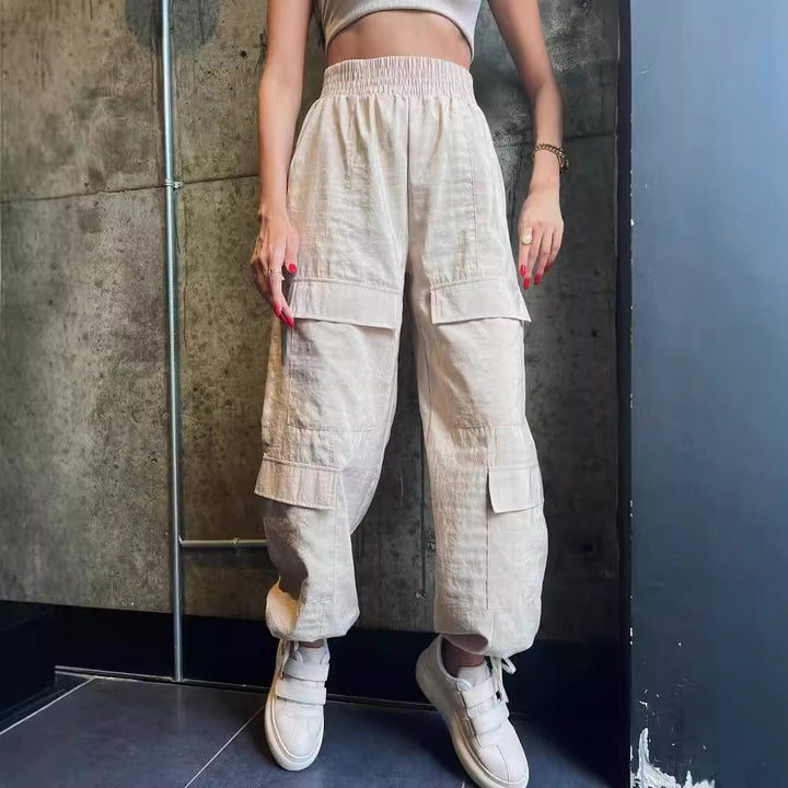 Damen Cargo-Haremshose mit hoher elastischer Taille und aufgesetzten Klappentaschen Drune